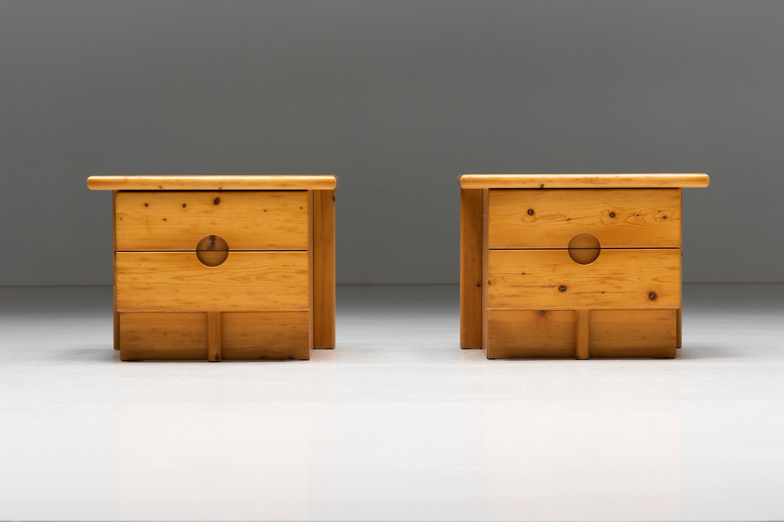Pine Wood; Bench; Simplicity; 1970s; Brutalist; Charlotte Perriand; 1960s; Minimalist; France; 20th Century; Mid-Century Modern;

Solid pinewood bedside tables, inspired by the iconic Charlotte Perriand. Made in France in the 1960s, these tables