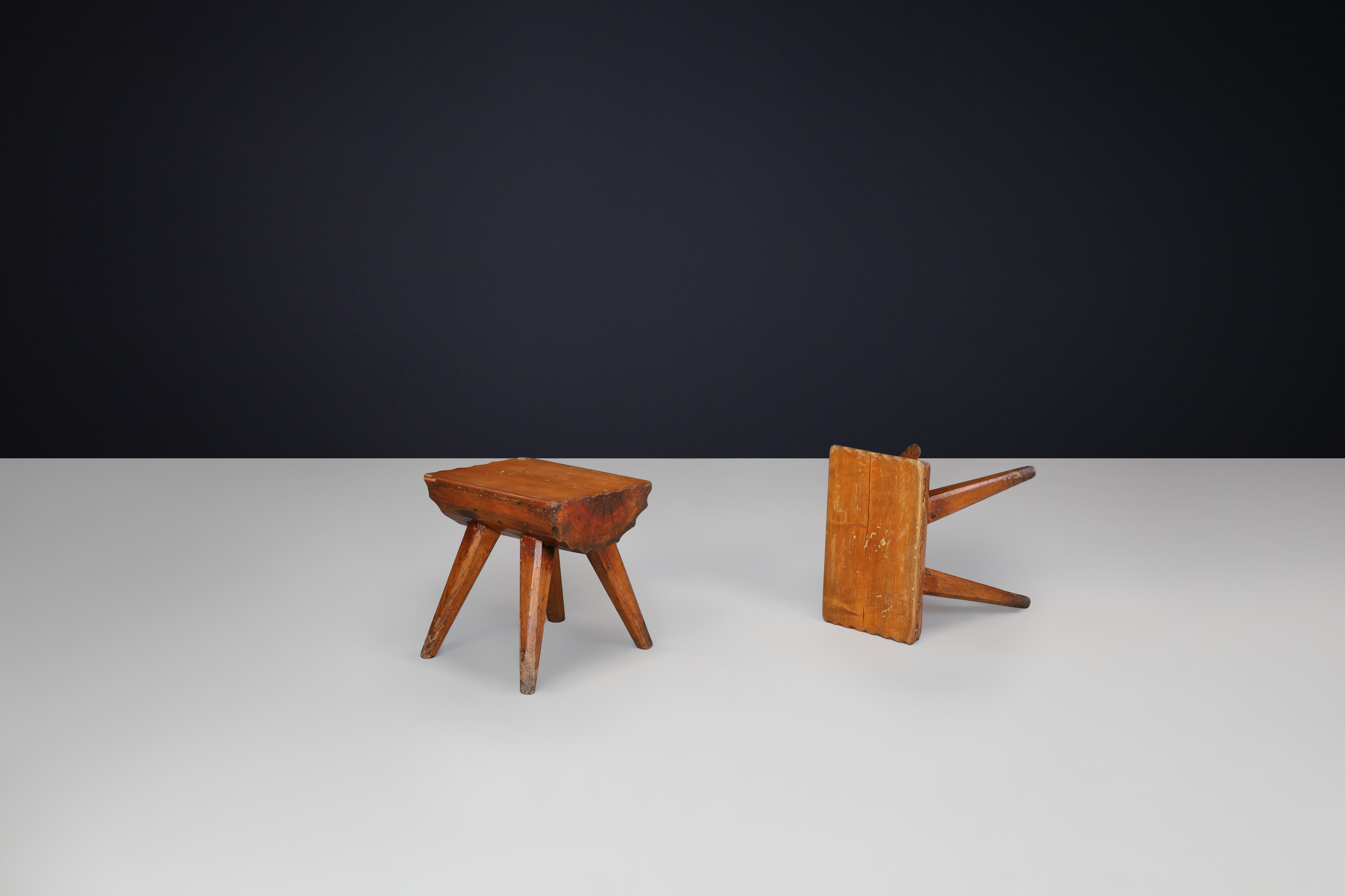 French Brutalist Solid Pine Stools, France, 1960s – Set of 12 Available For Sale