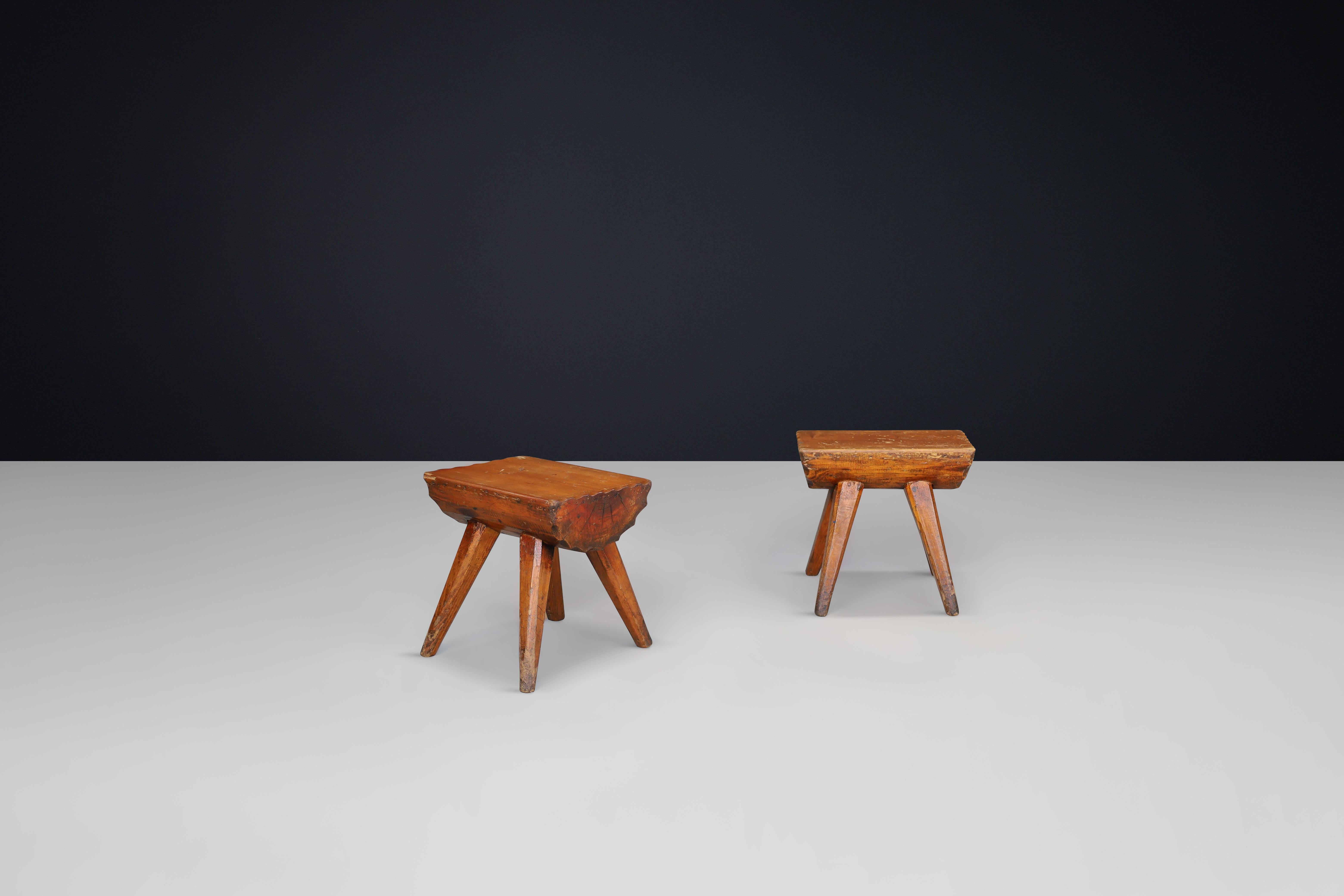 19th Century Brutalist Solid Pine Stools, France, 1960s – Set of 12 Available For Sale