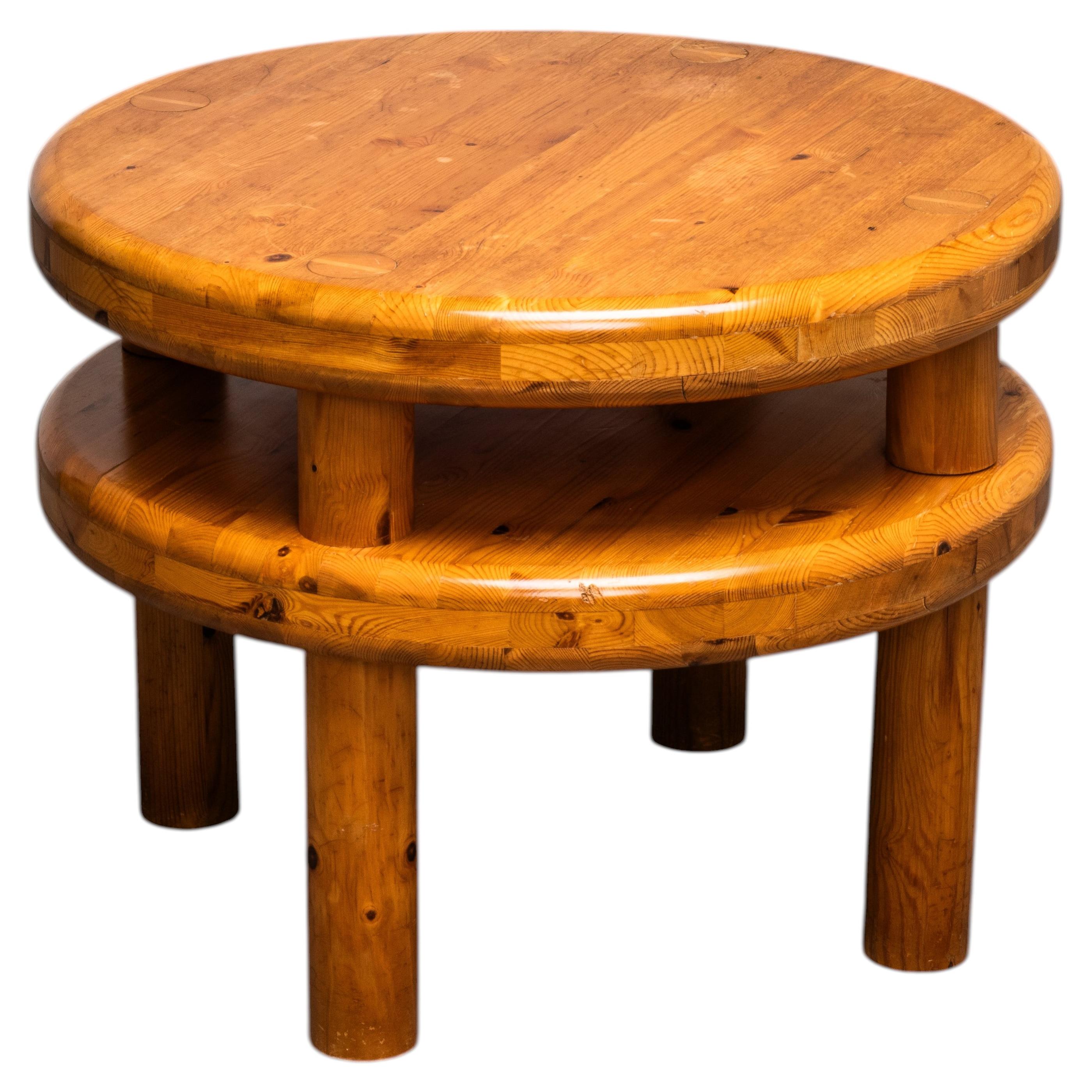 Brutalist Solid Pine Two Tier Coffee Table, Scandinavia, 1970s