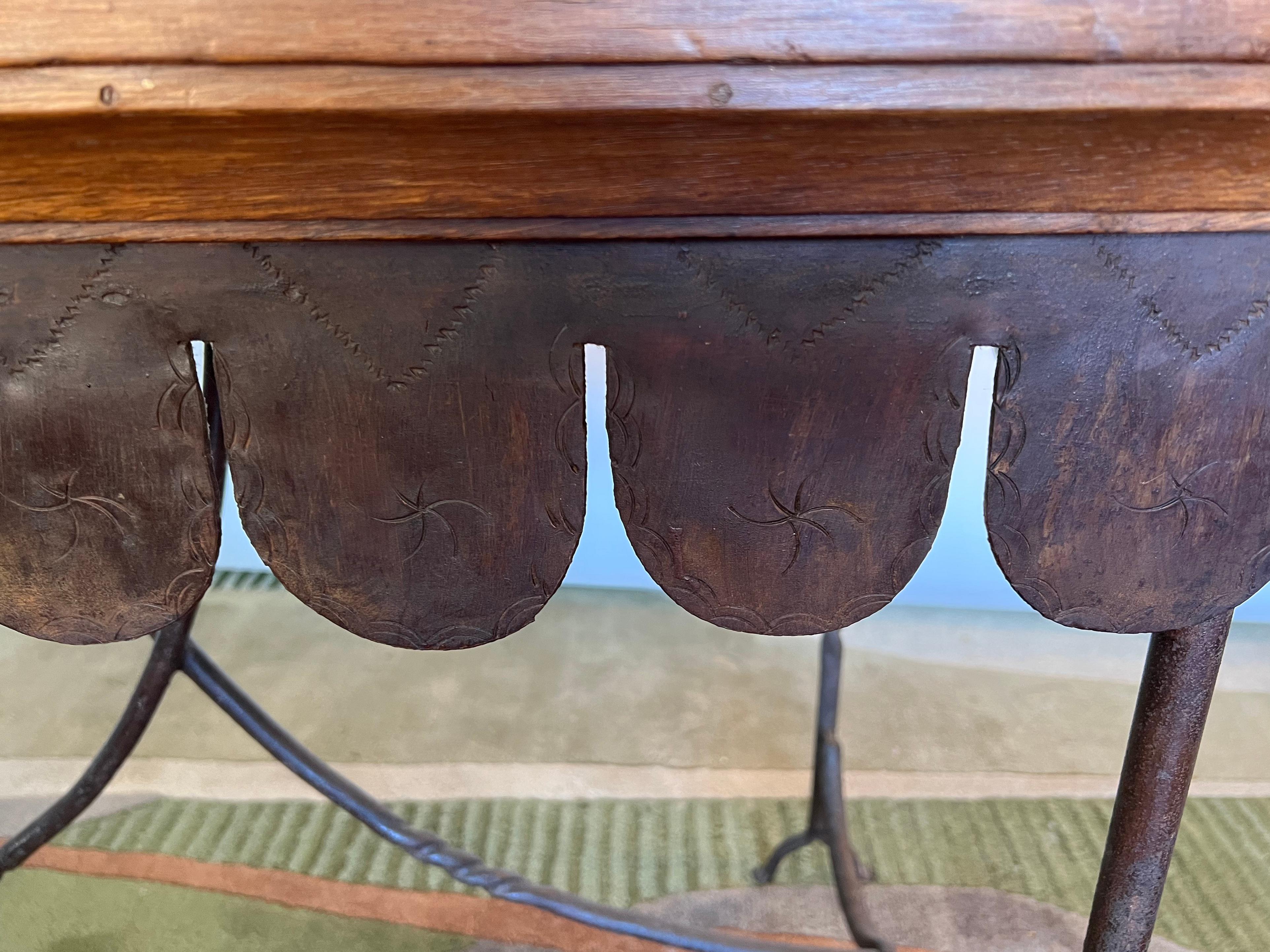 French Brutalist Solid Walnut and Cast Iron Scalloped Console Table