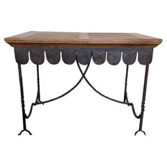 Vintage Brutalist Solid Walnut and Cast Iron Scalloped Console Table