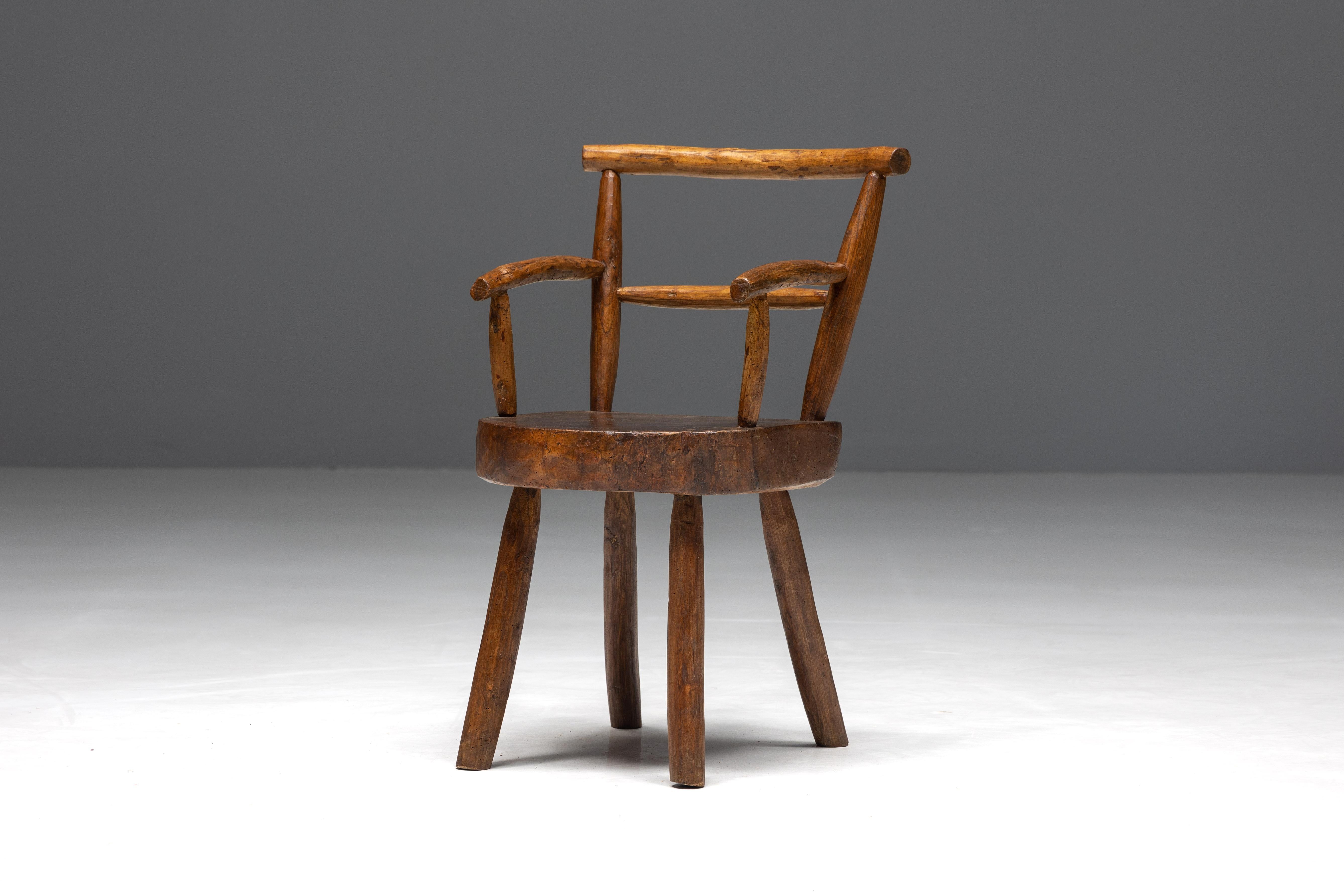 French Brutalist Solid Wood Child's Armchair, France, 1960s For Sale