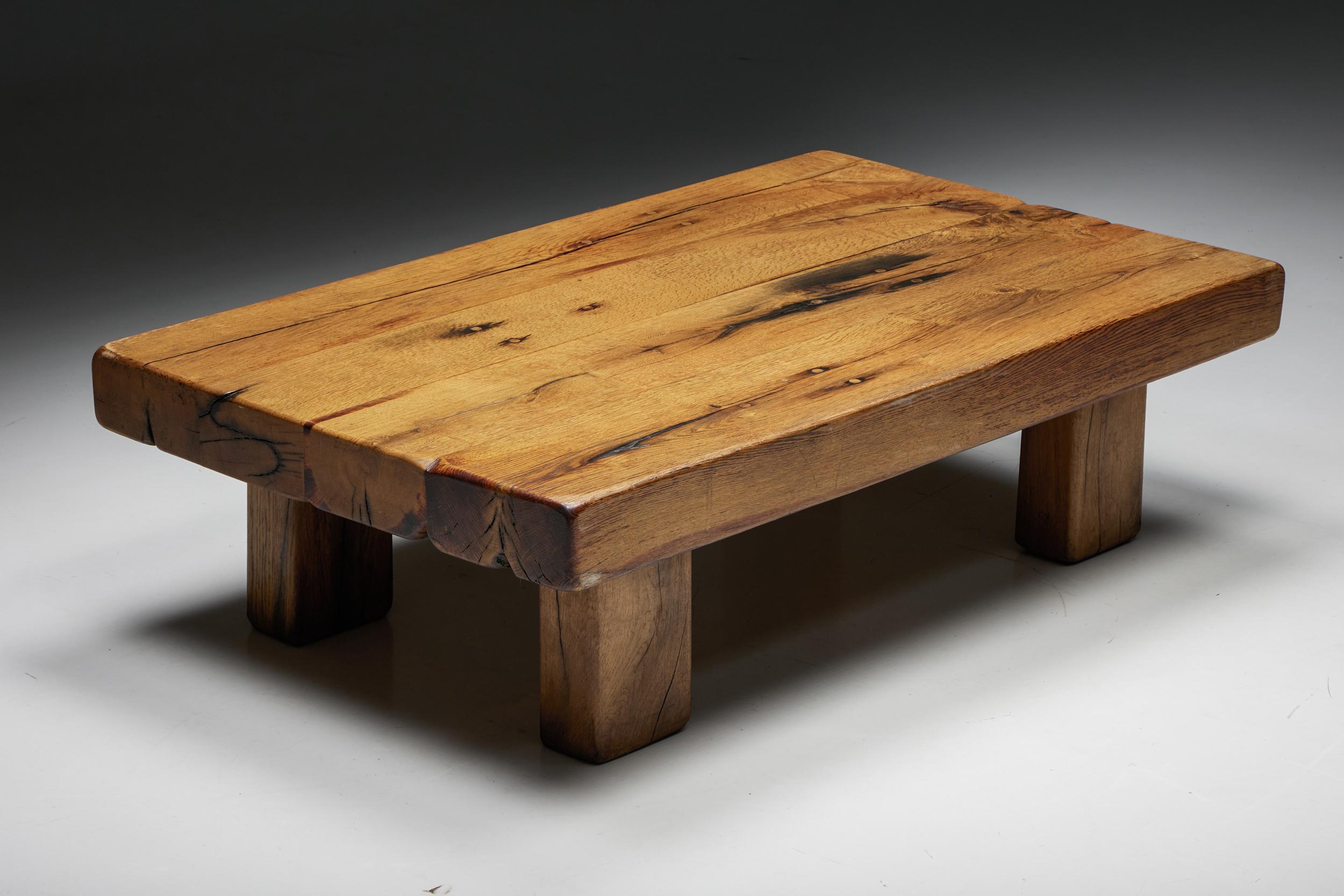 Brutalist; Solid Wood; coffee table; France; 1940s; Rustic; Wabi-Sabi; Coffee Table; Side Table; Wood; Patina; Mid-century Modern; Craftsmanship; Robust; Rustic; Rural; Travail Brutaliste Français;

Rustic artisan brutalist coffee table with a