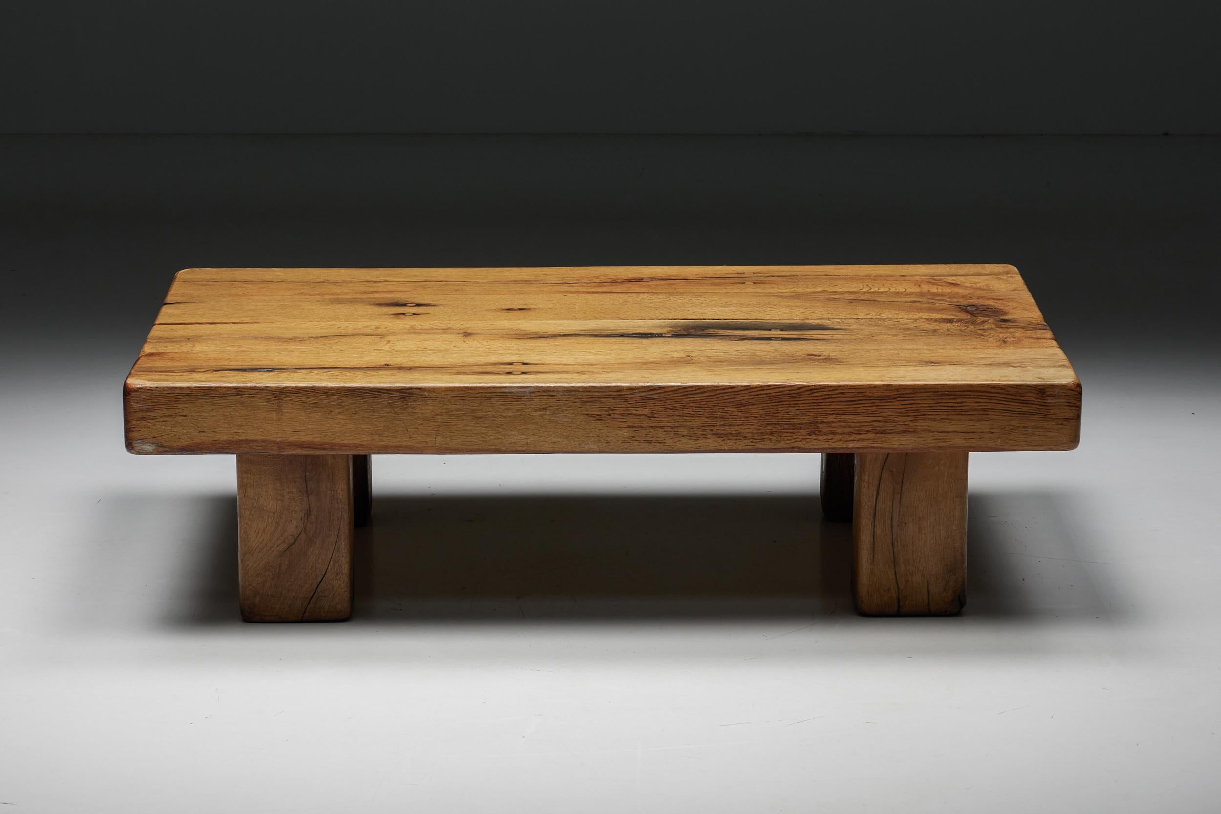 Rustic Brutalist Solid Wood Coffee Table, France, 1940s