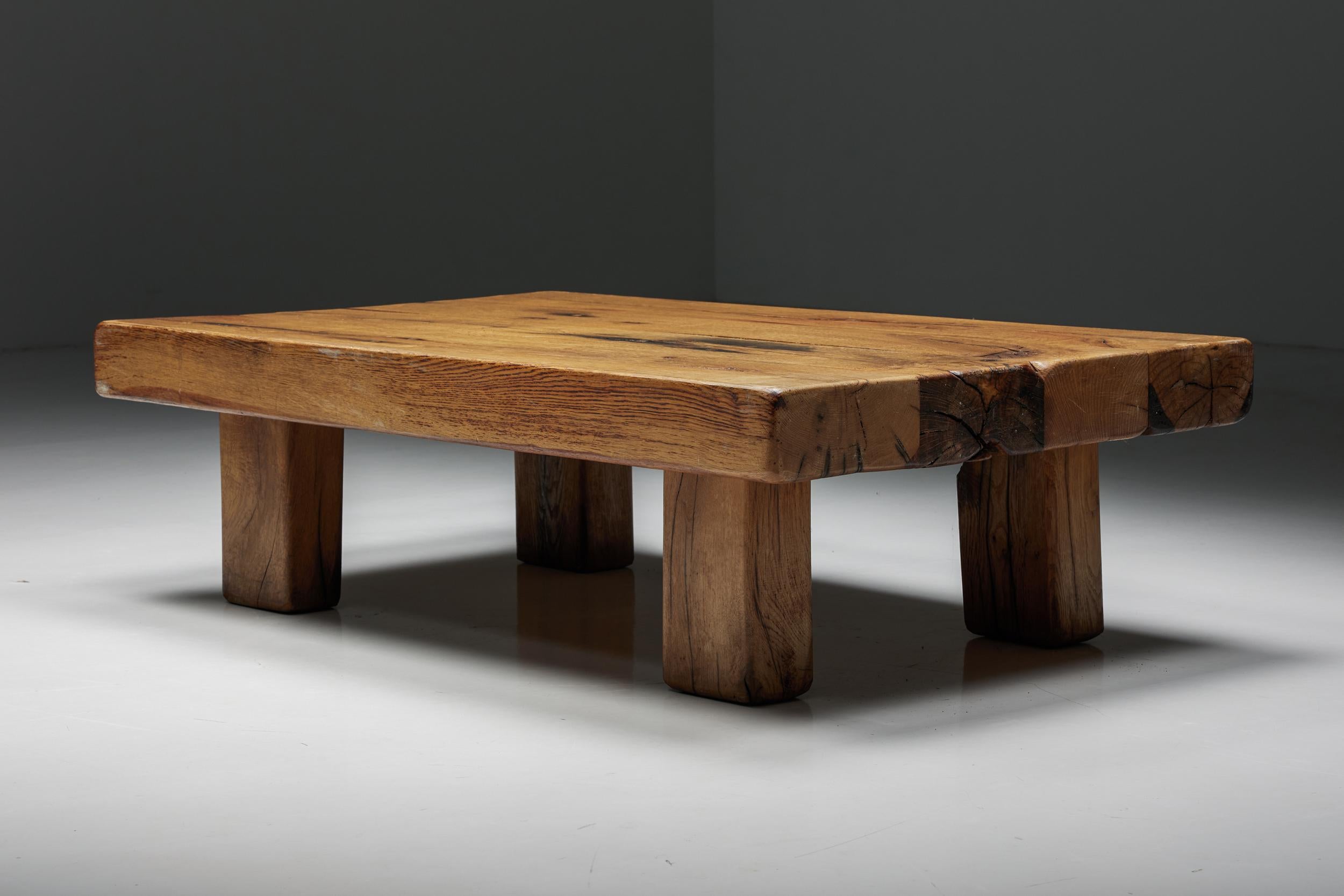 Mid-20th Century Brutalist Solid Wood Coffee Table, France, 1940s
