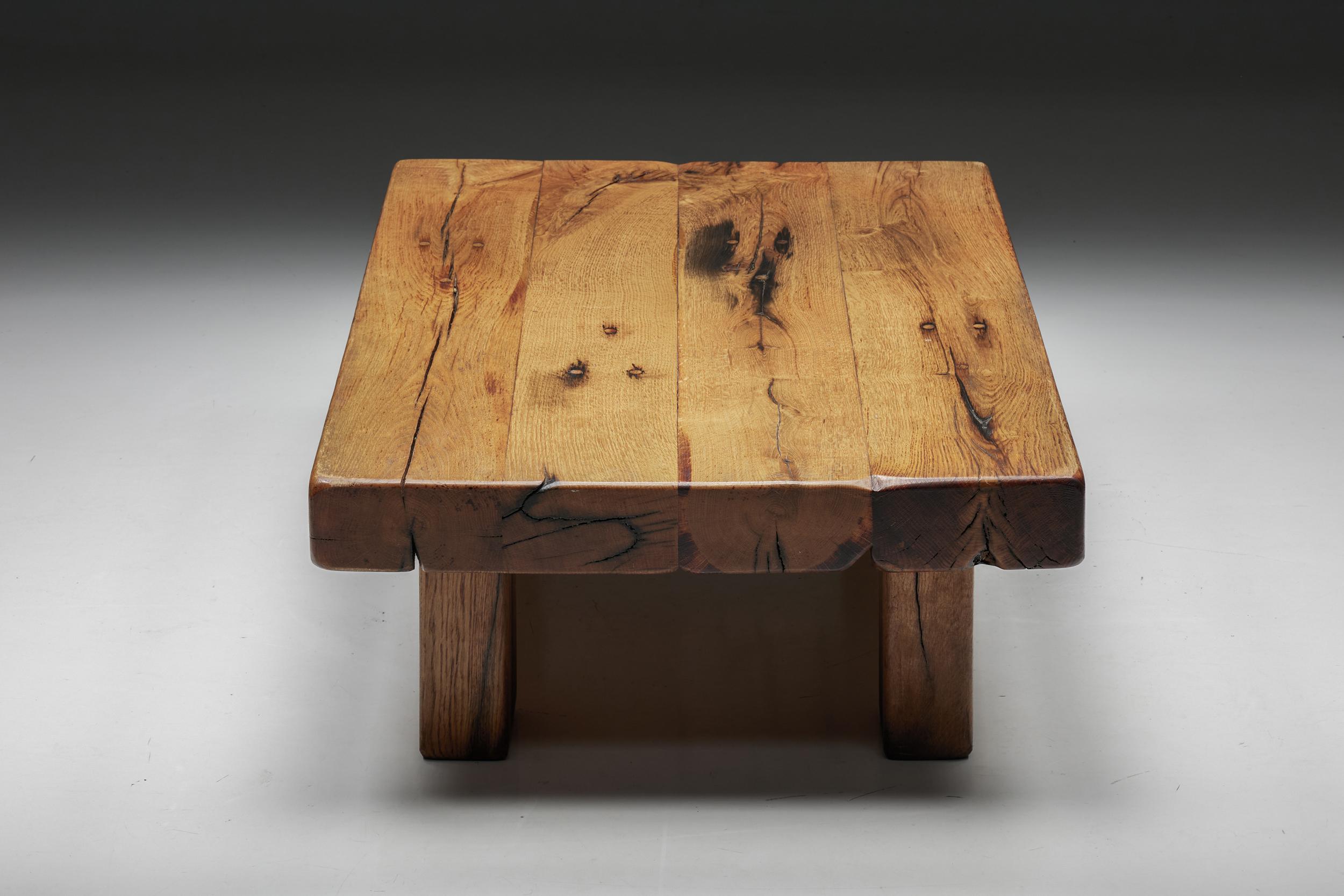 Brutalist Solid Wood Coffee Table, France, 1940s 1