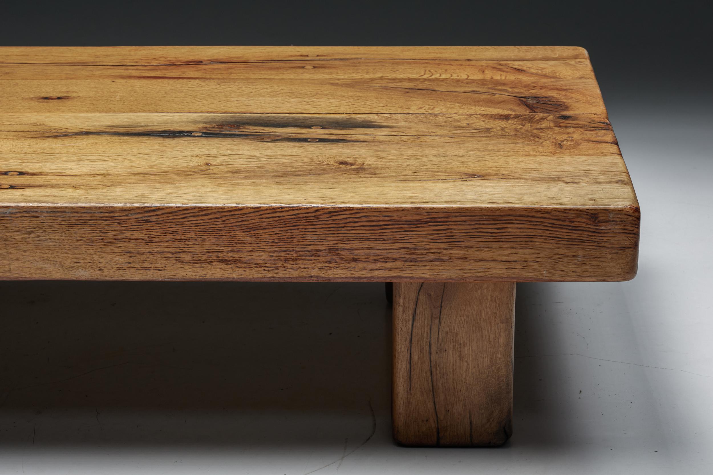 Brutalist Solid Wood Coffee Table, France, 1940s 2