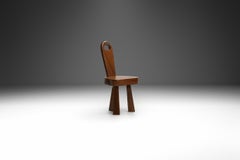 Brutalist Solid Wood Low Tripod Chair, France 1960s