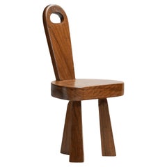 Used Brutalist Solid Wood Low Tripod Chair, France 1960s