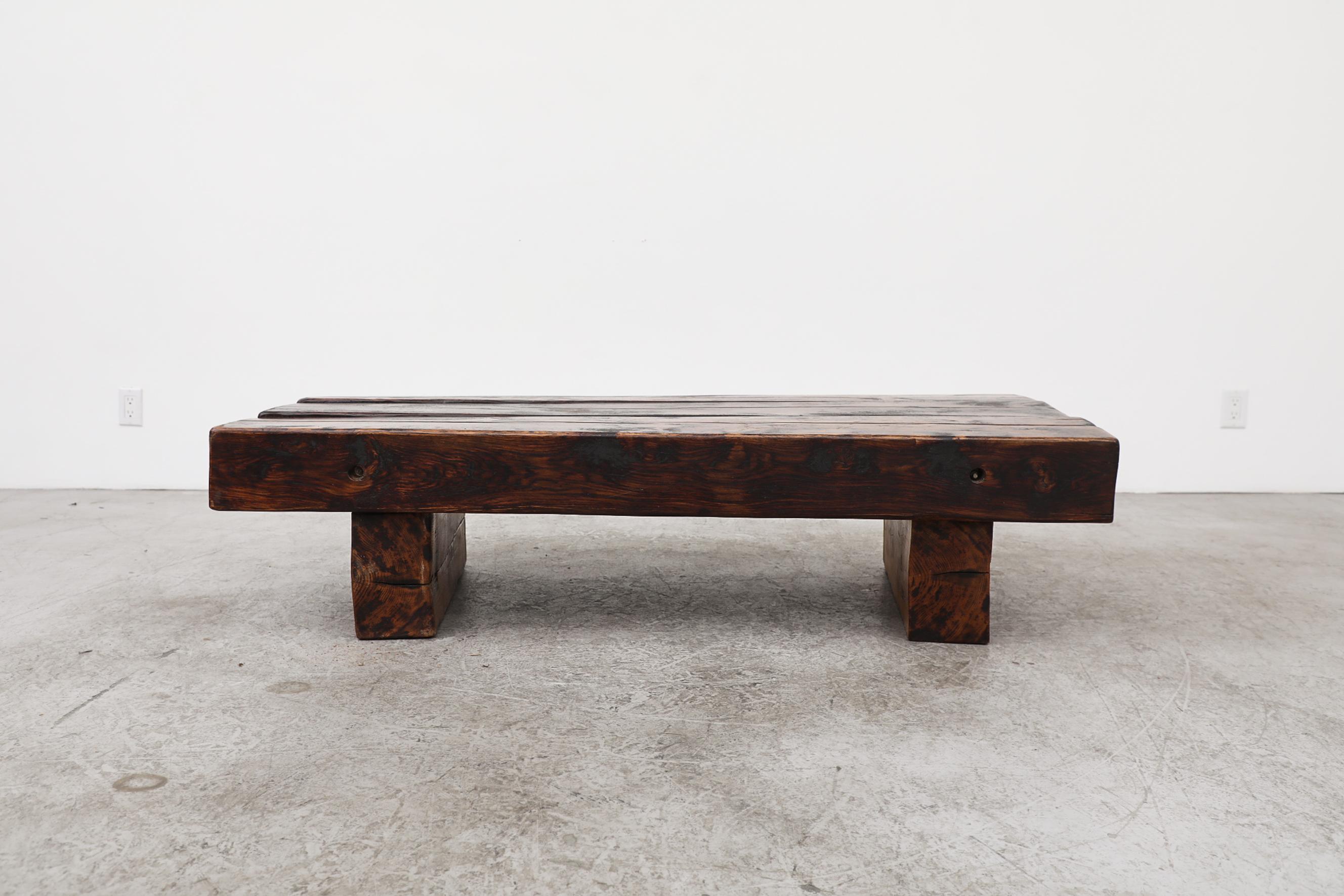 Mid-Century Modern Brutalist Solid Wood Railroad Style Coffee Table