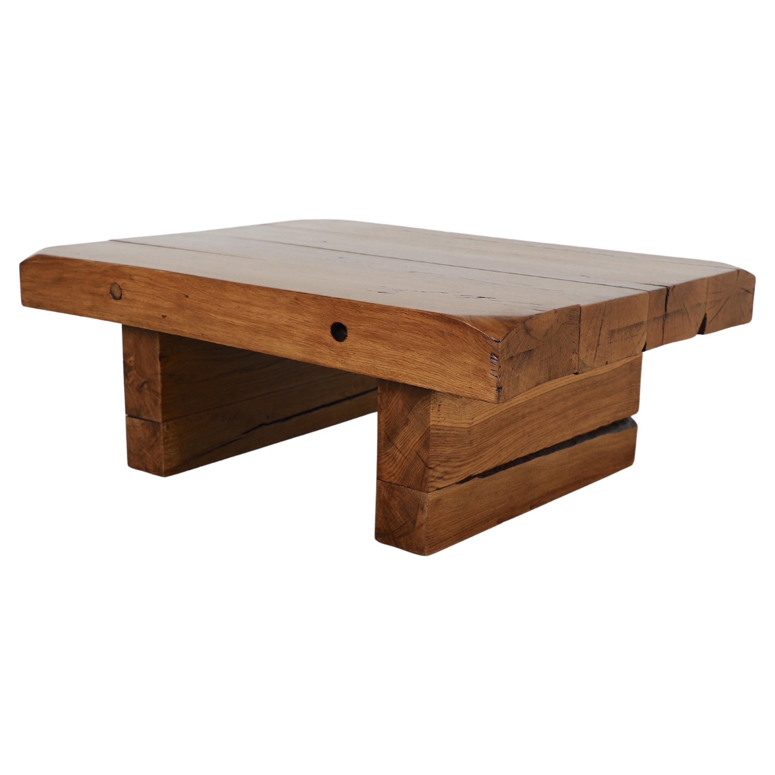 Brutalist Solid Wood Railroad Table, Pierre Chapo Style, 1960s