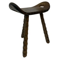 Tabouret en bois massif brutaliste, années 1970