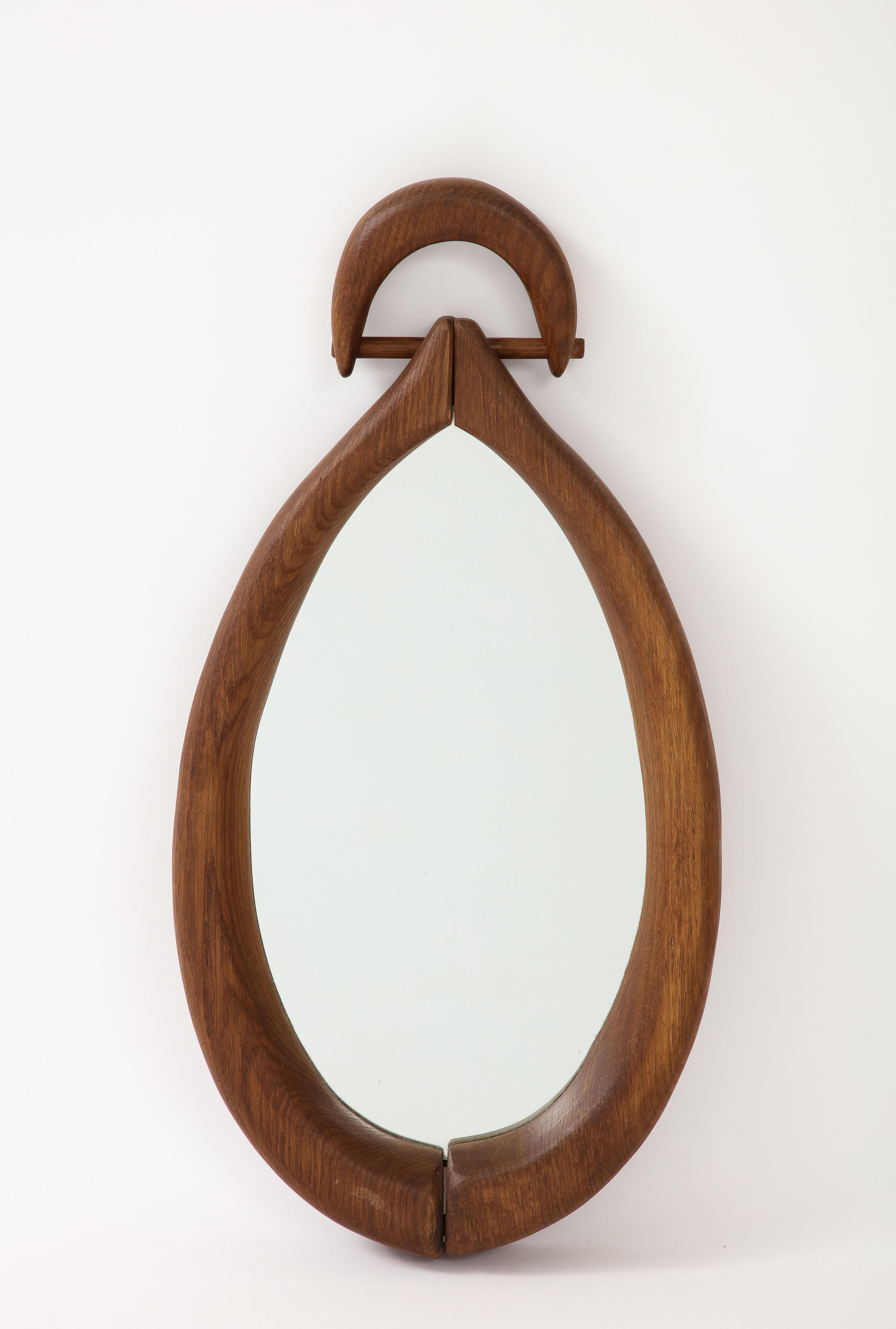 French Brutalist Solid Wood Wall Mirror, France, 1960's