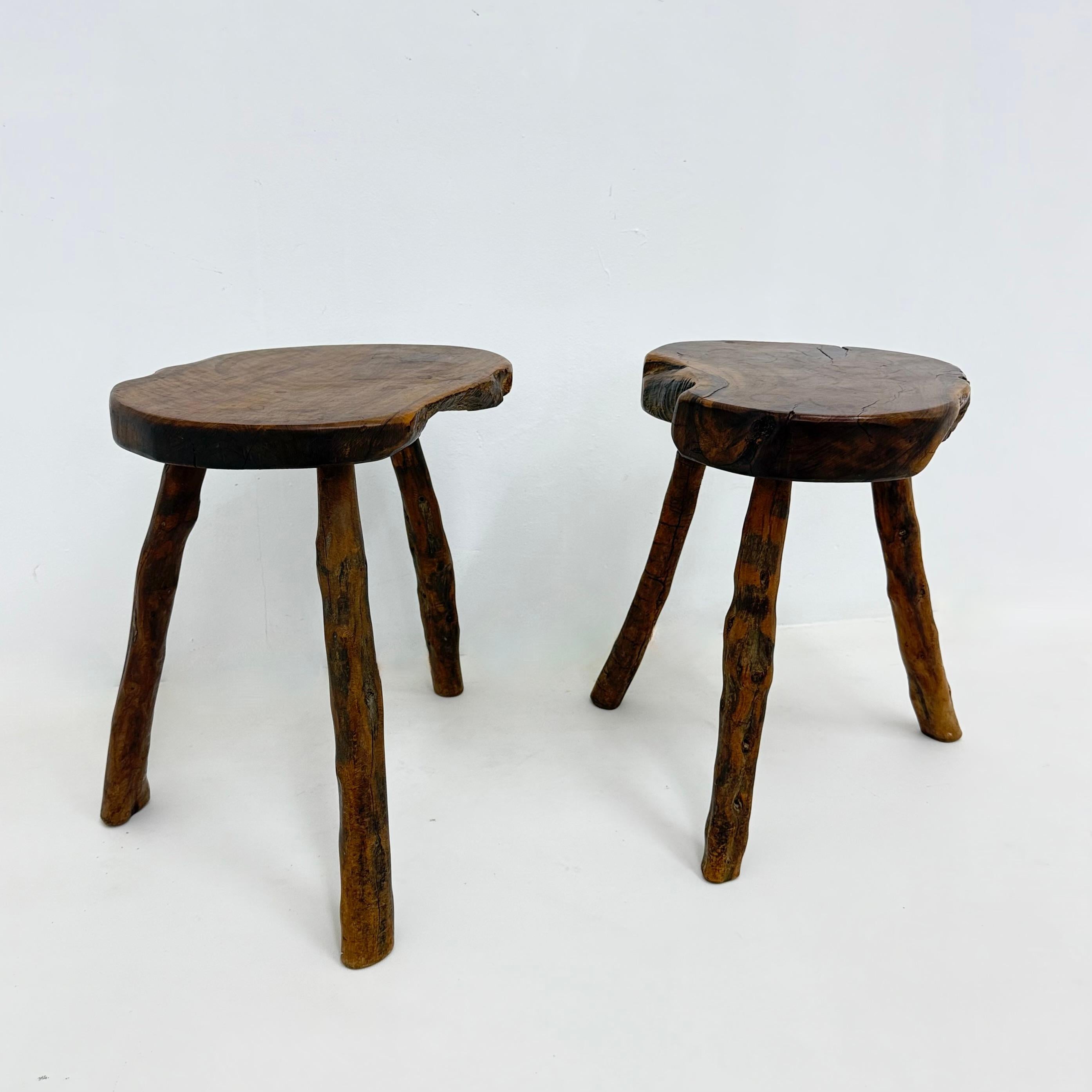 Wood Brutalist solid wooden side table , 1970s For Sale