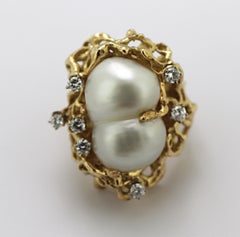 Brutalist South Sea Baroque Double Cultured Pearl, 18k Yellow Gold Ring
