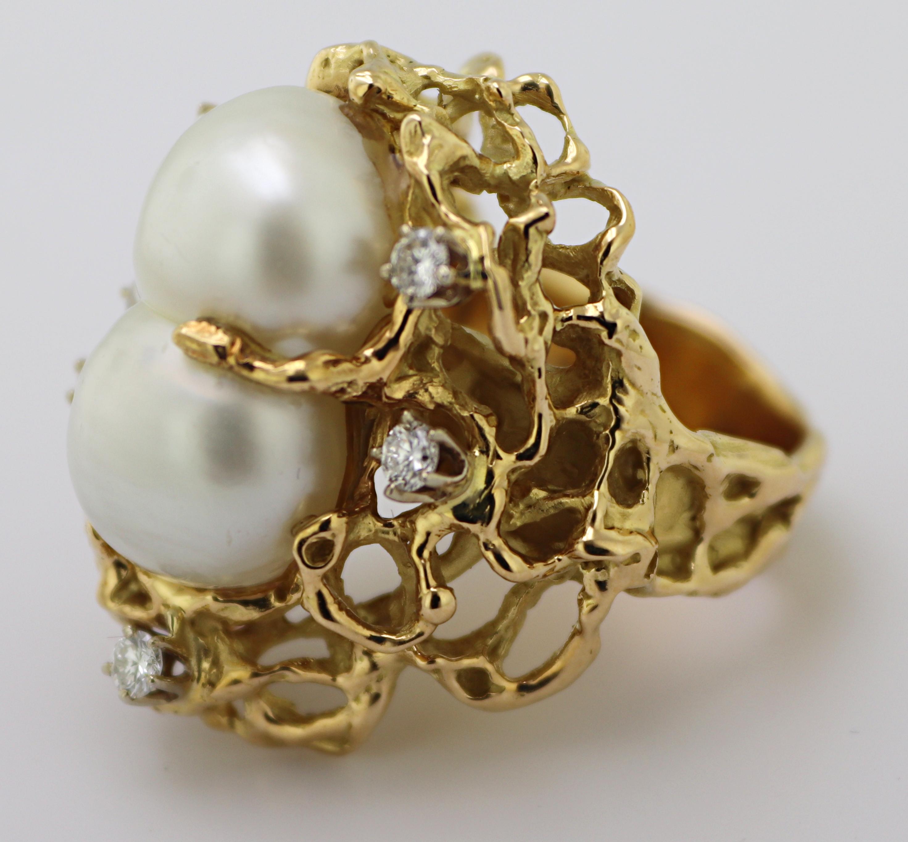 Mixed Cut Brutalist South Sea Baroque Double Cultured Pearl, 18k Yellow Gold Ring For Sale