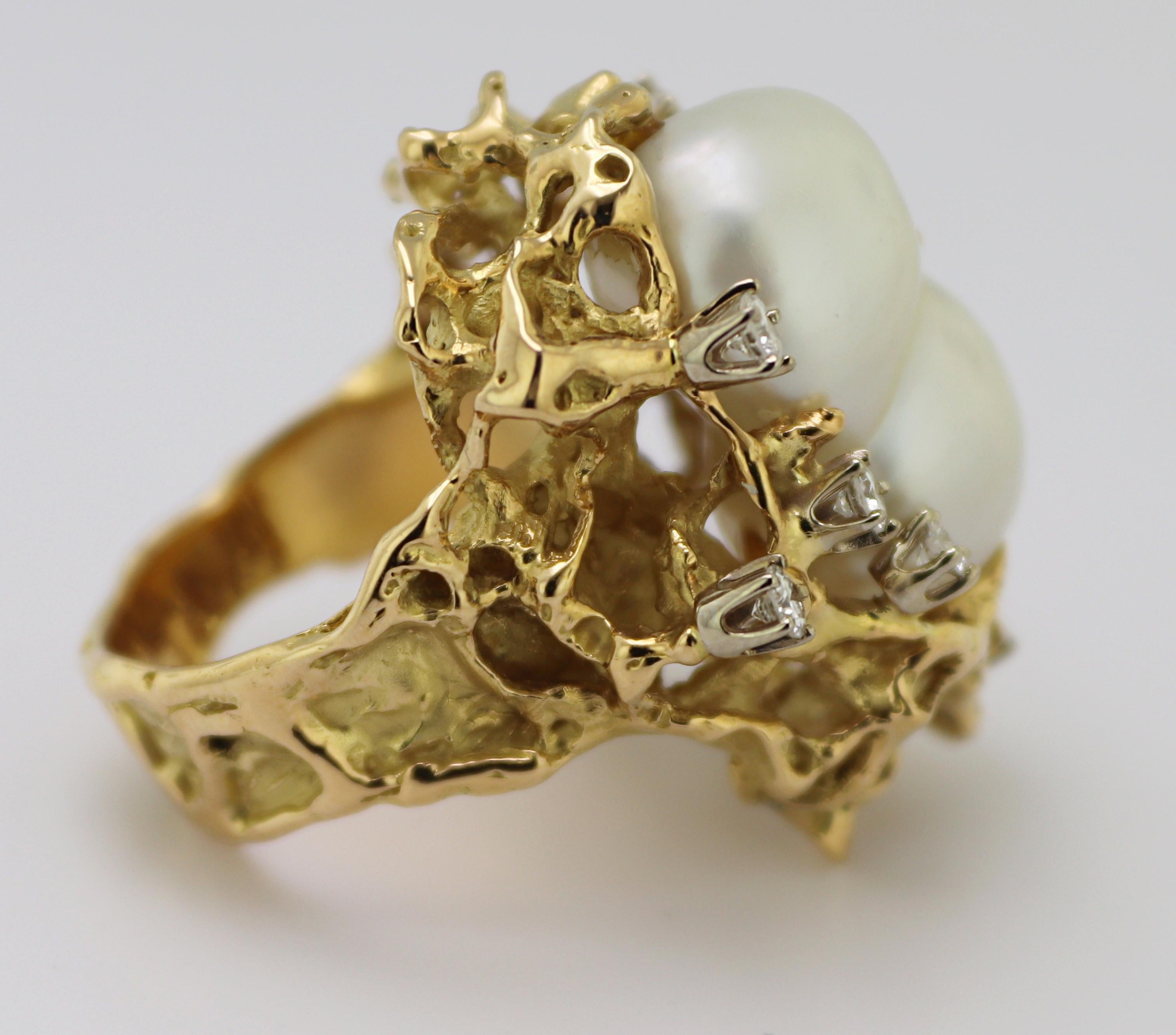 Brutalist South Sea Baroque Double Cultured Pearl, 18k Yellow Gold Ring In Excellent Condition For Sale In Pleasant Hill, CA