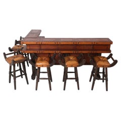 Brutalist Spanish Brazilian leather Wrapped Oak Full L Bar 6 Stools Shelf