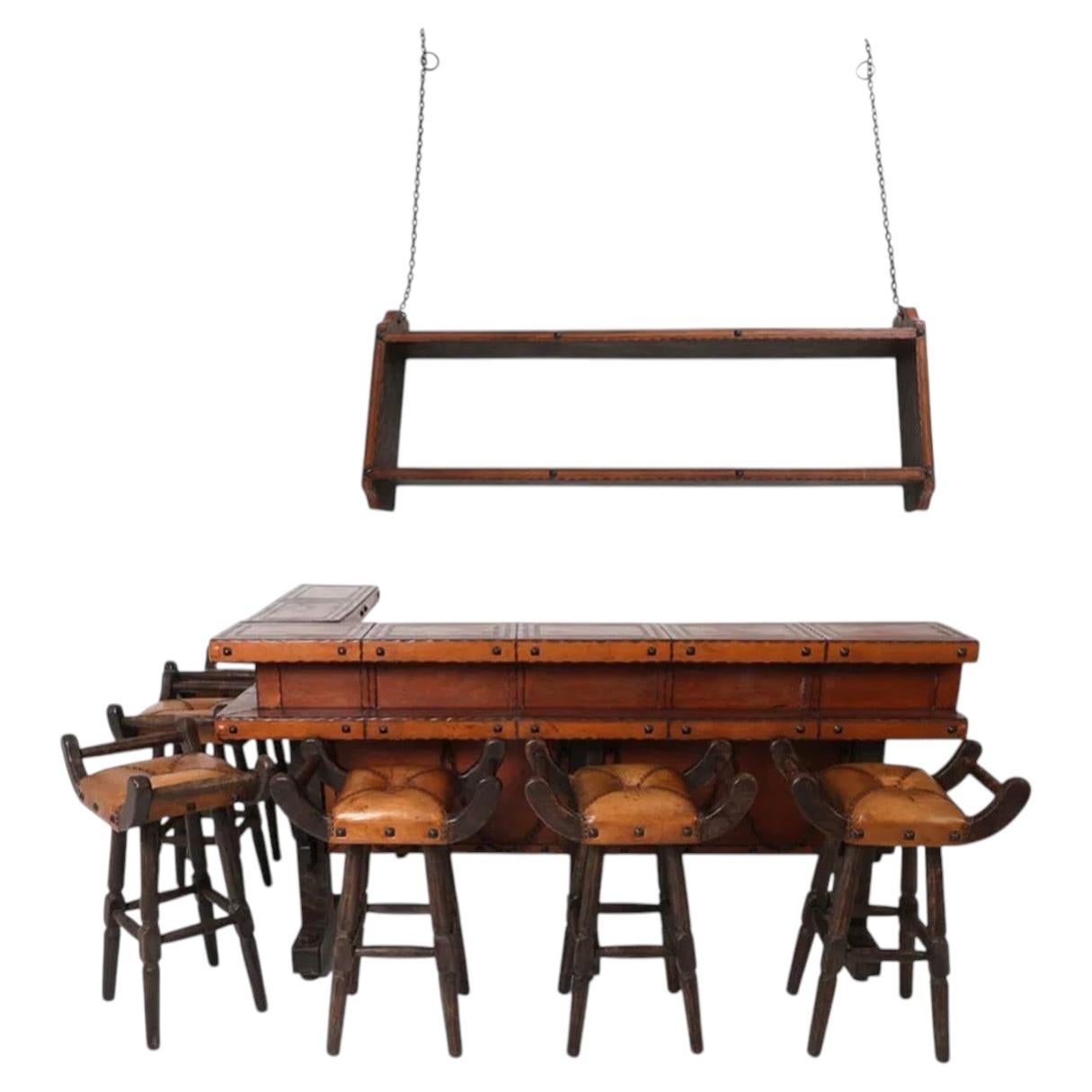 Brutalist Spanish Brazilian leather Wrapped Oak Full L Bar 6 Stools Shelf im Angebot