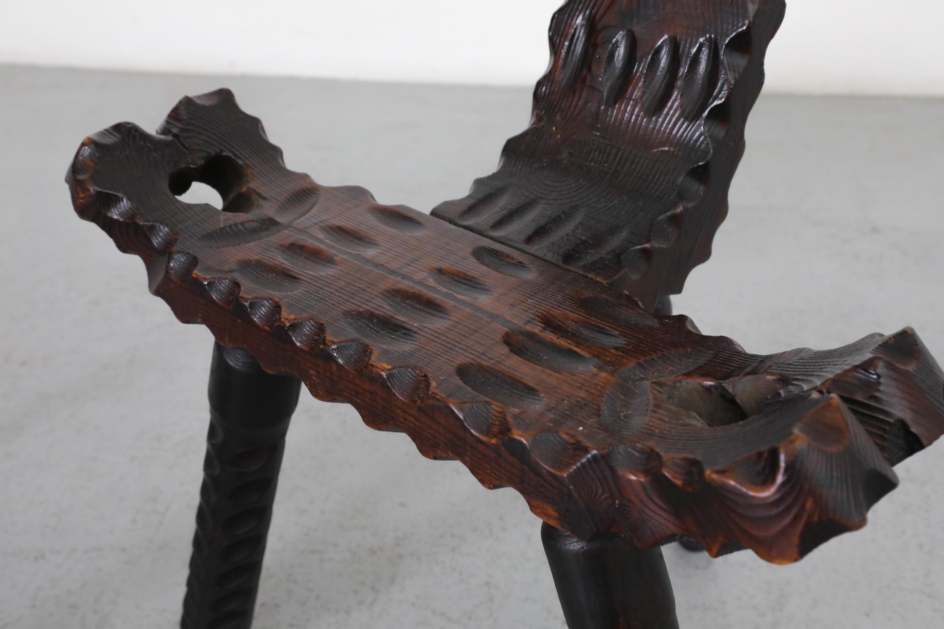 Brutalist Spanish Fireside Chair with Tripod Legs and Decorative Carving 4