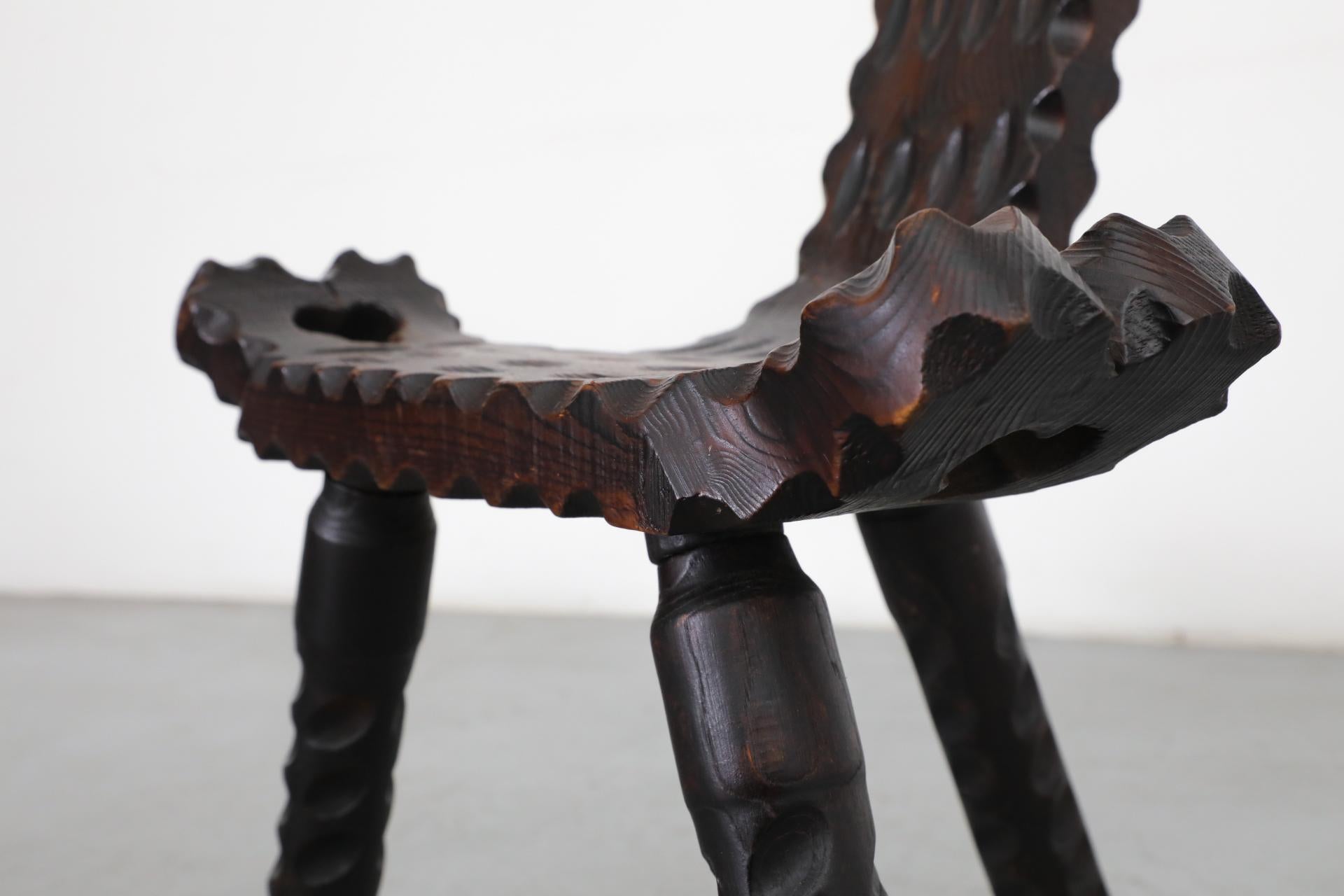 Brutalist Spanish Fireside Chair with Tripod Legs and Decorative Carving 5