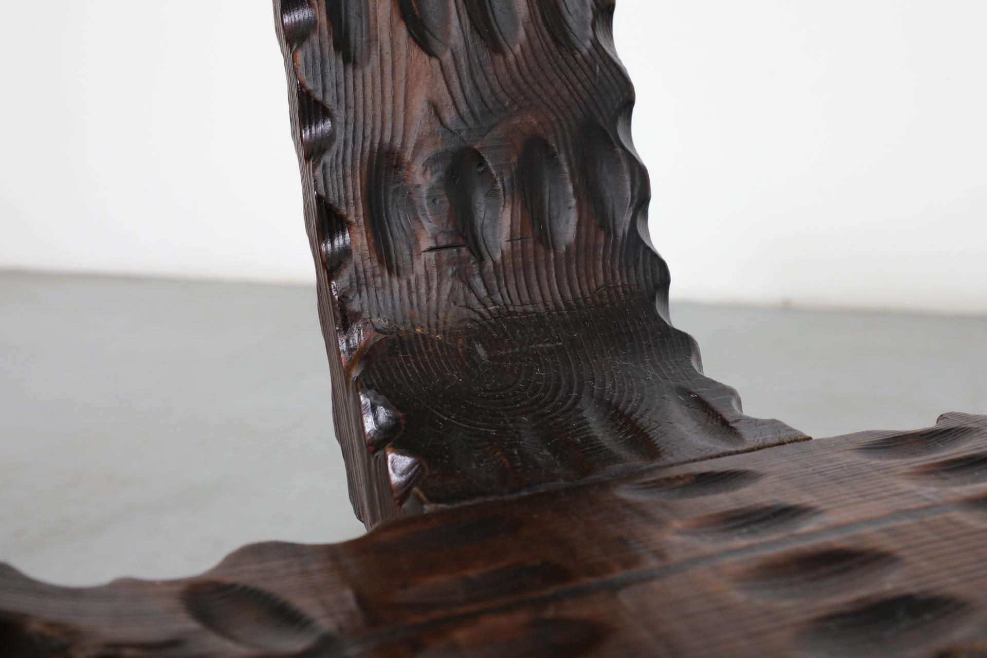 Brutalist Spanish Fireside Chair with Tripod Legs and Decorative Carving 7