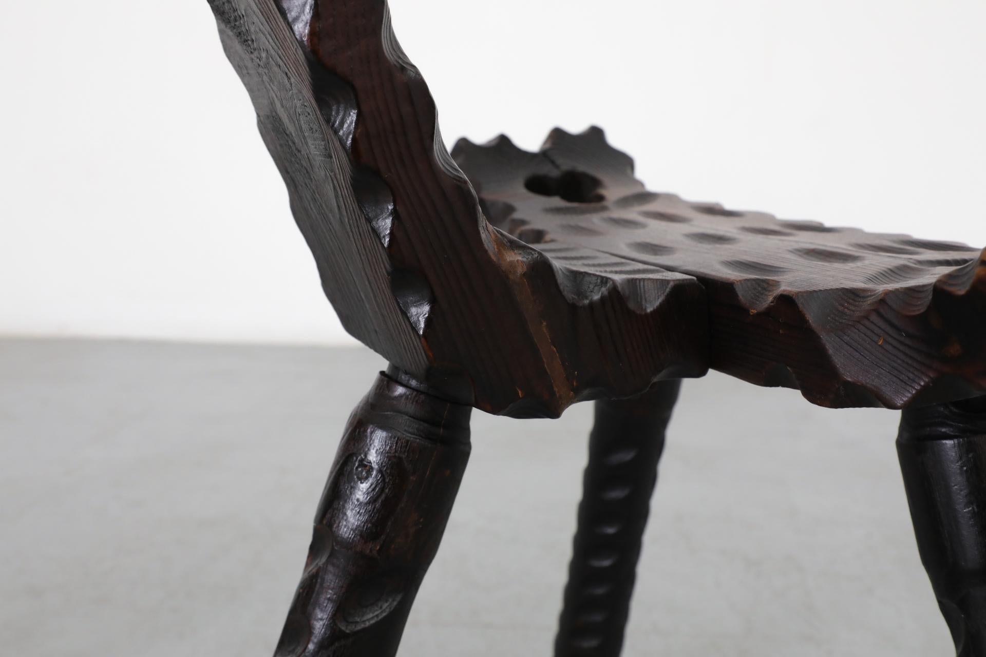 Brutalist Spanish Fireside Chair with Tripod Legs and Decorative Carving 8