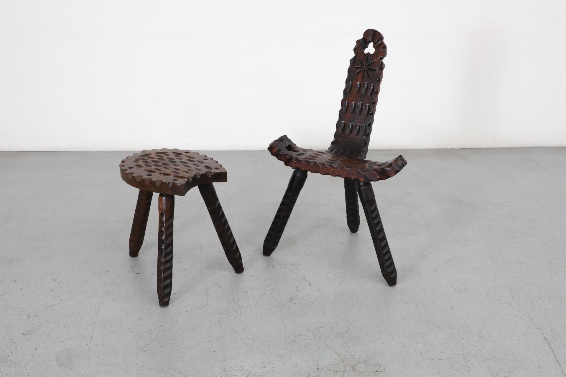 Brutalist Spanish Fireside Chair with Tripod Legs and Decorative Carving 10