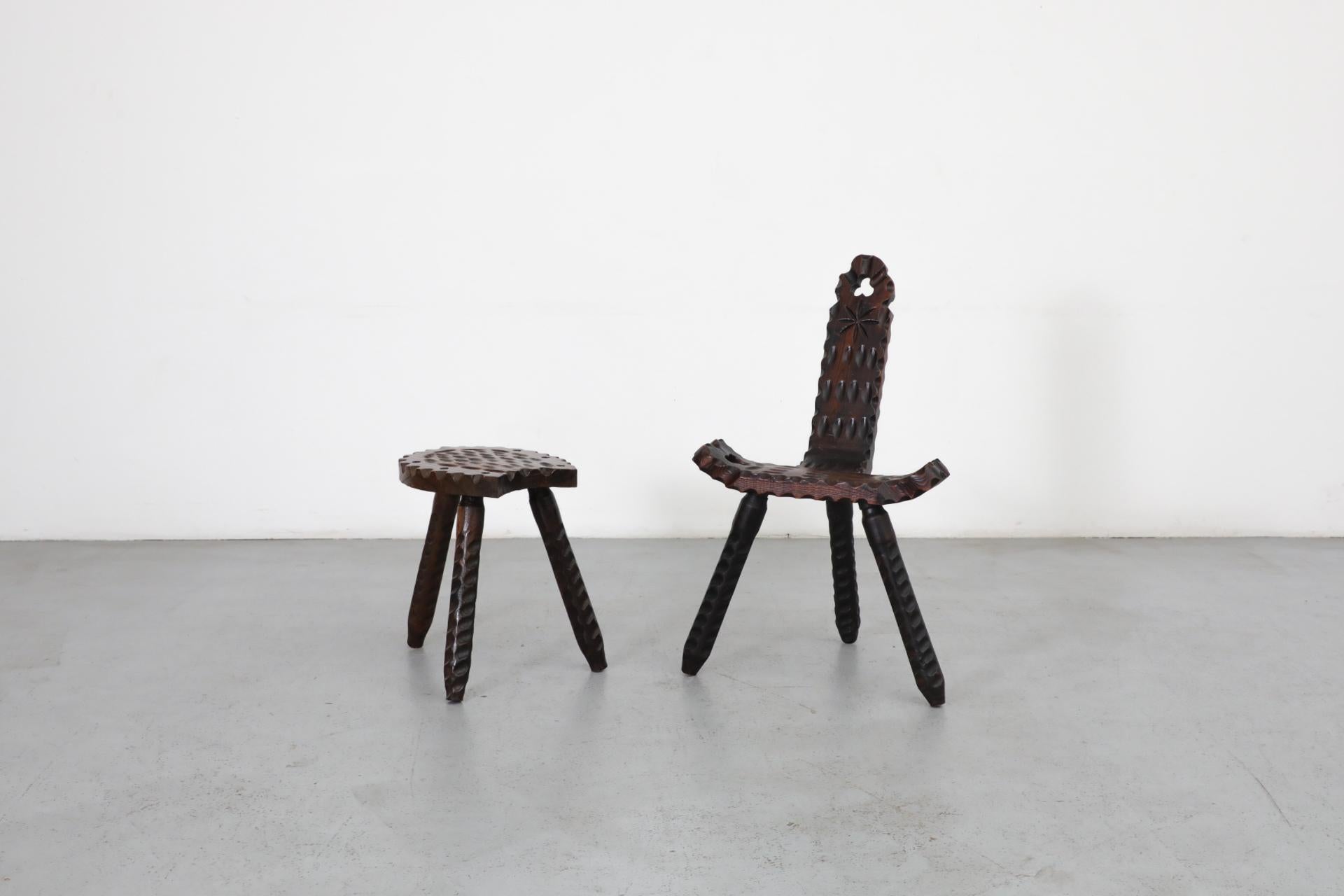Brutalist Spanish Fireside Chair with Tripod Legs and Decorative Carving 11