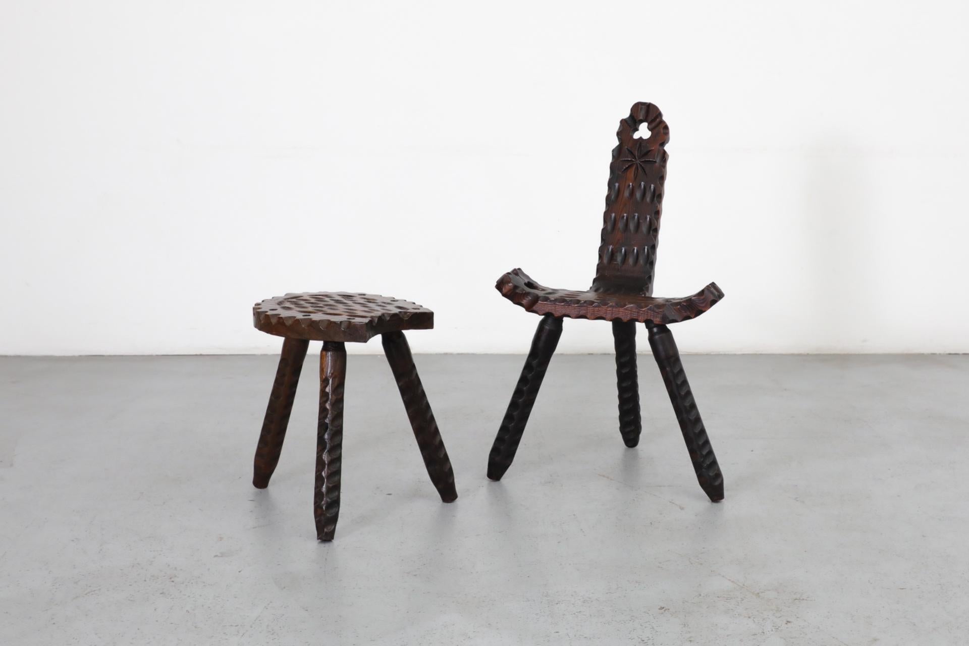 Brutalist Spanish Fireside Chair with Tripod Legs and Decorative Carving 12