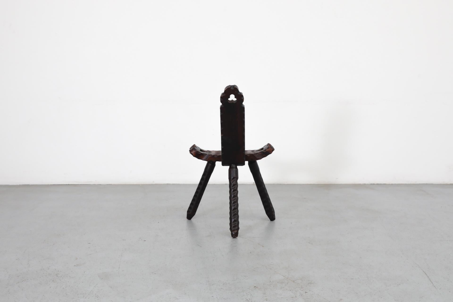 Wood Brutalist Spanish Fireside Chair with Tripod Legs and Decorative Carving