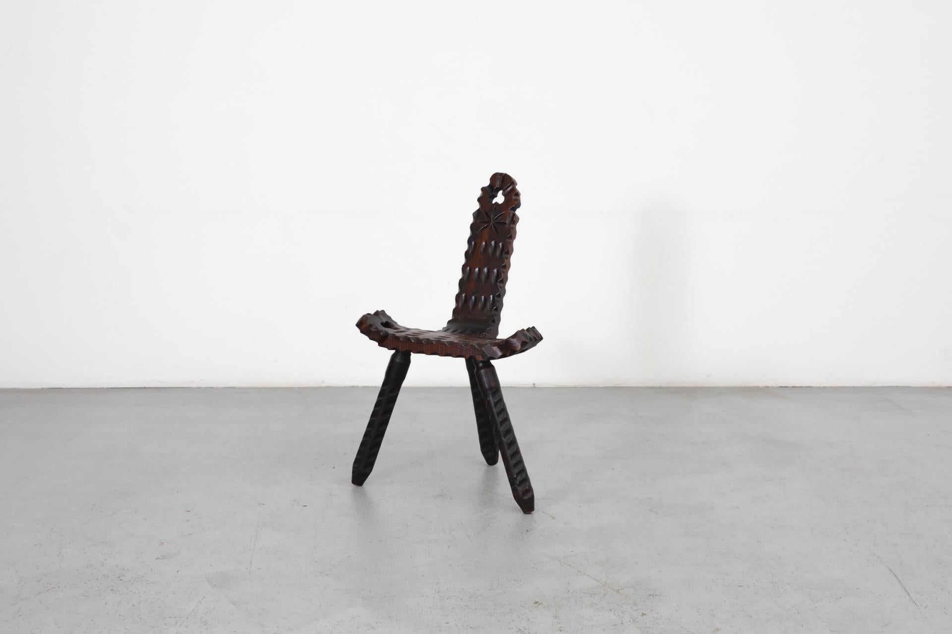 Brutalist Spanish Fireside Chair with Tripod Legs and Decorative Carving 1