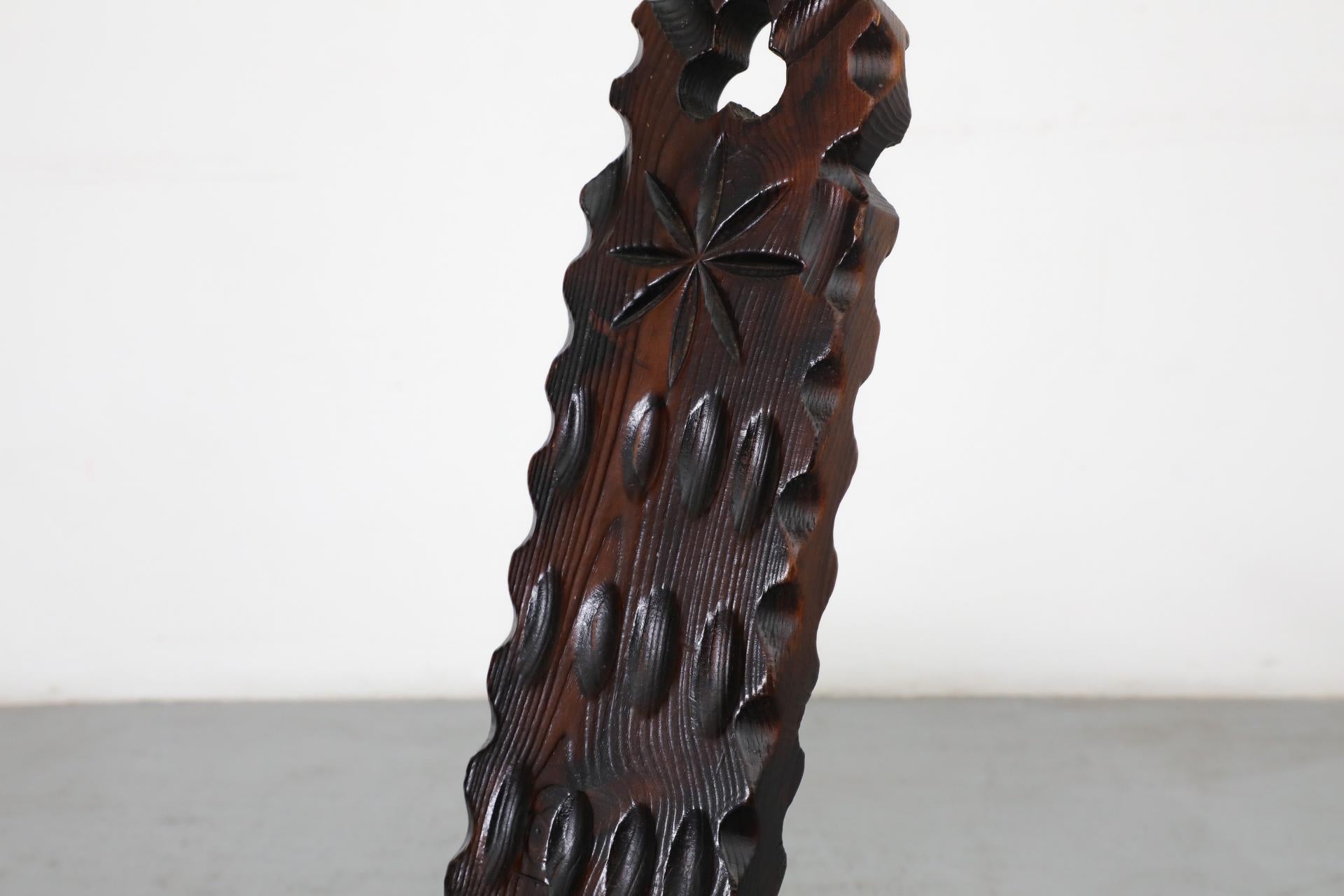 Brutalist Spanish Fireside Chair with Tripod Legs and Decorative Carving 3