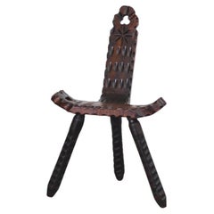Brutalist Spanish Fireside Chair with Tripod Legs and Decorative Carving