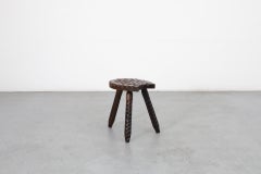 Brutalist Spanish Fireside Stool with Tripod Legs and Decorative Carving