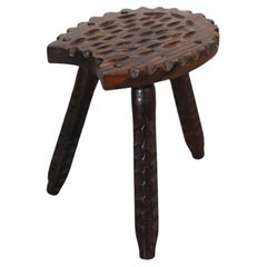 Brutalist Spanish Fireside Stool with Tripod Legs and Decorative Carving