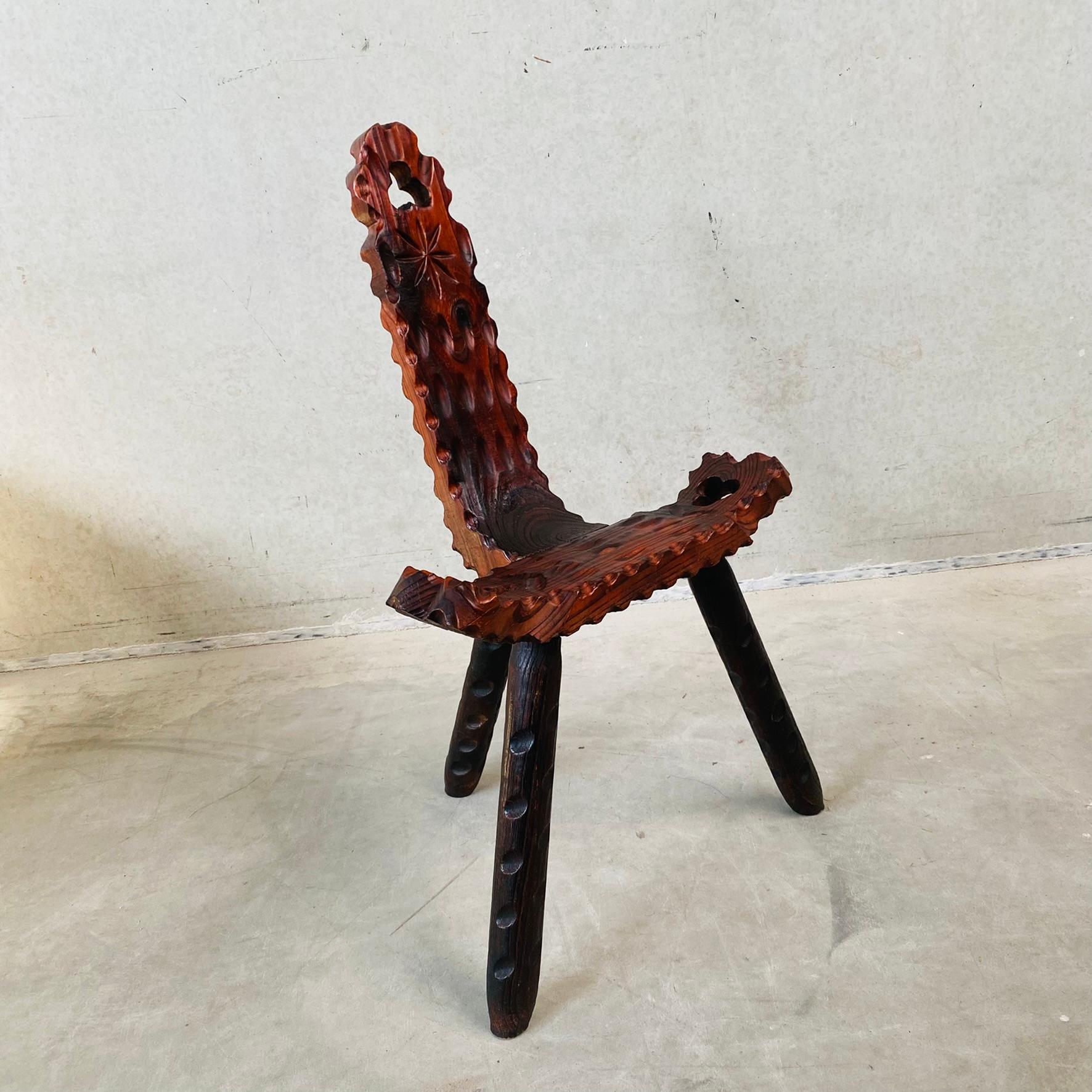 Wood Brutalist Spanish Midcentury Sculptural Tripod Chair 1950 For Sale