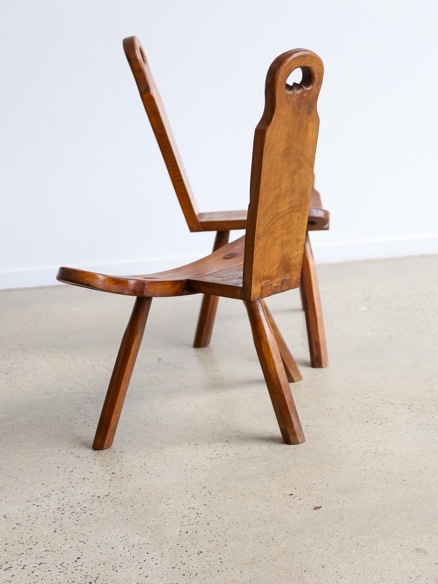 Wood Brutalist Spanish Midcentury Sculptural Tripod Chair For Sale