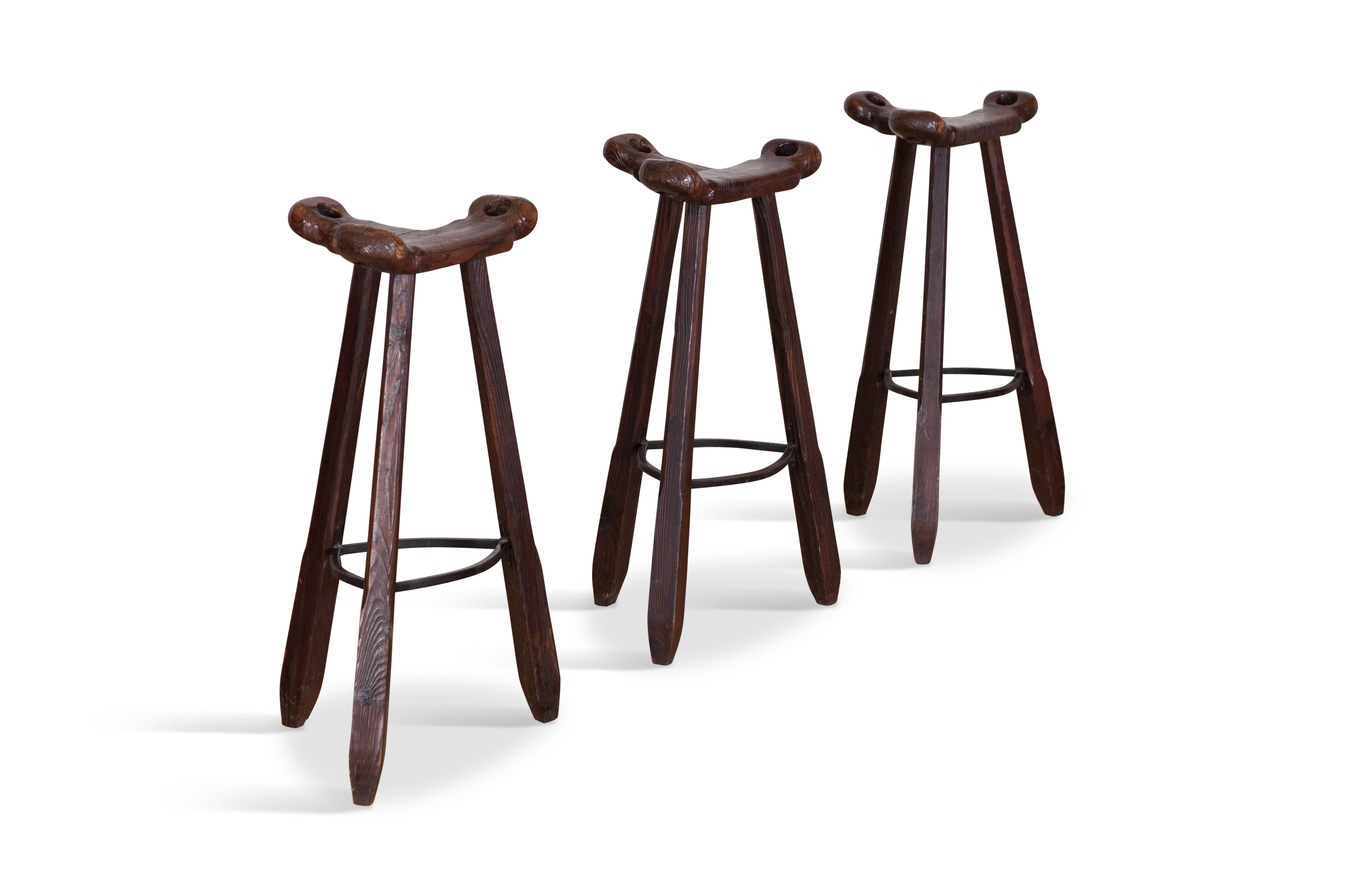 Brutalist Spanish Oak Bar Stools In Good Condition In Antwerp, BE