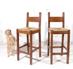 Brutalist Spanish Oak Rush Barstools 70's