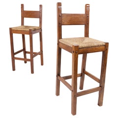 Brutalist Spanish Oak Rush Barstools 70's