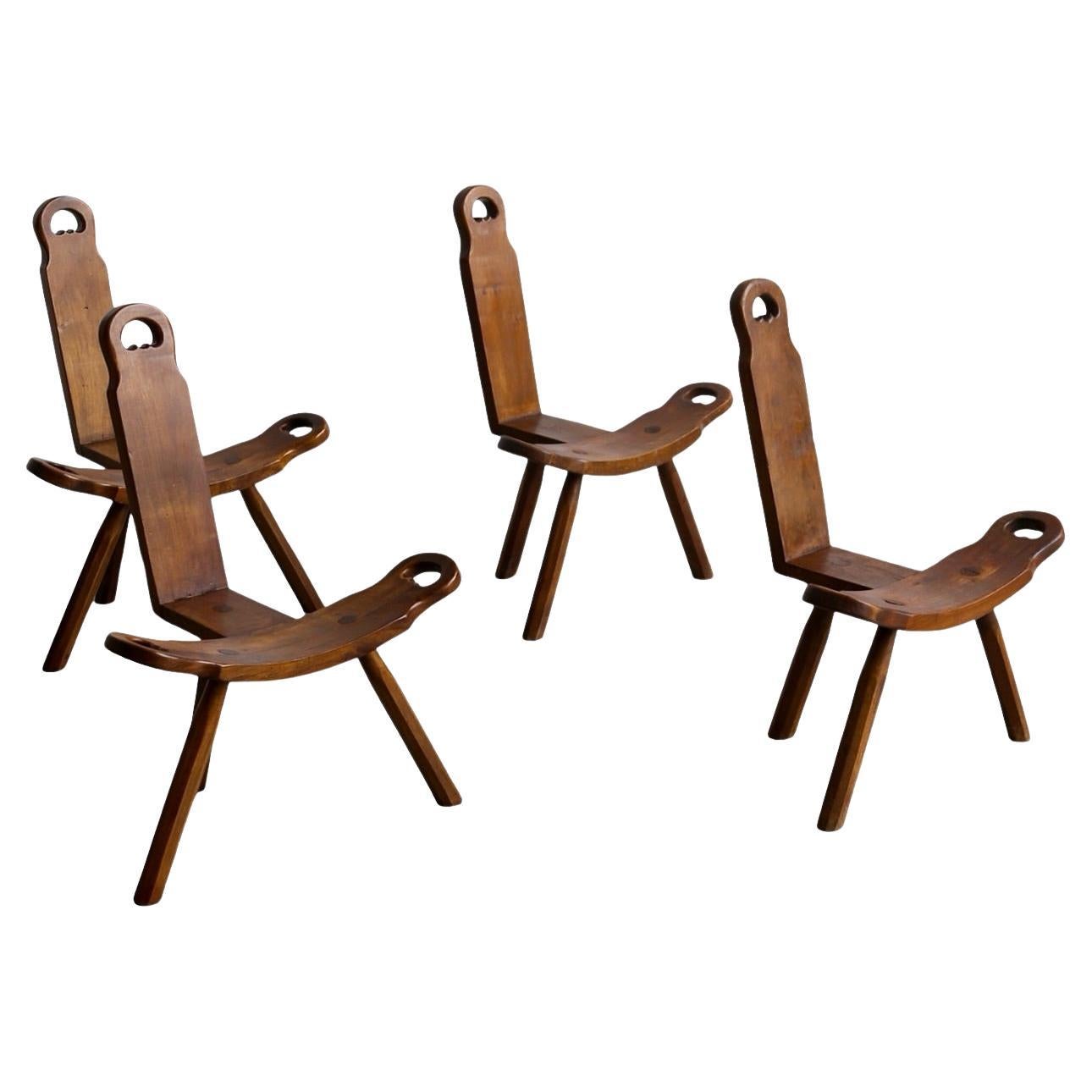 Brutalist Spanish Sculptural Tripod Chairs Set of Four