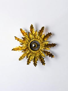 Brutalist Spanish Sunburst Ceiling Light, Gilt Metal Floral Rays, 1950s