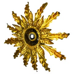 Brutalist Spanish Sunburst Ceiling Light, Gilt Metal Floral Rays, 1950s