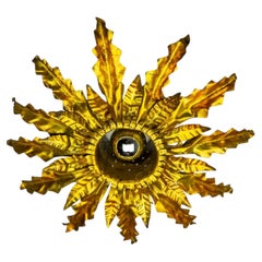Brutalist Spanish Sunburst Ceiling Light, Gilt Metal Floral Rays, 1950s