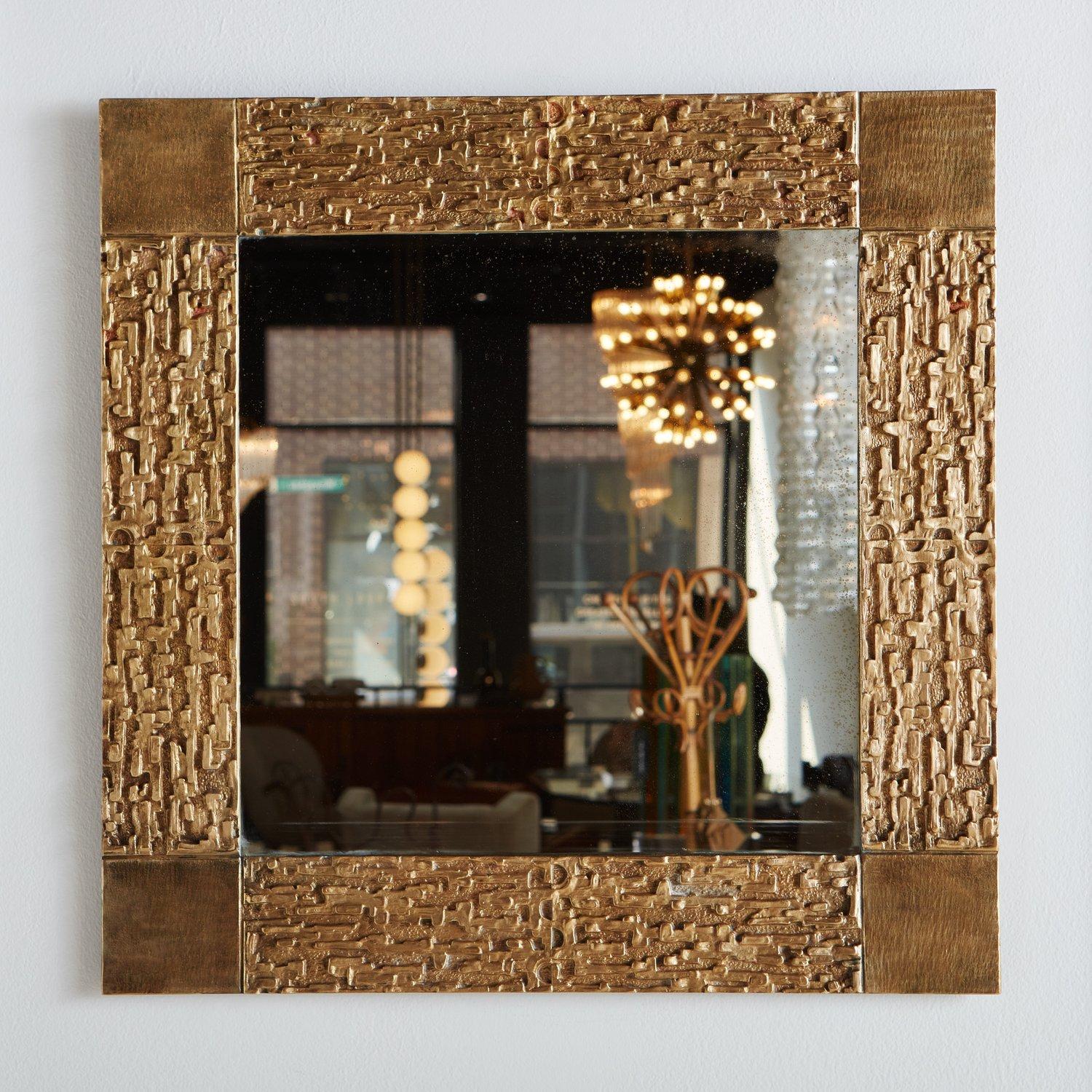 Mid-Century Modern Brutalist Square Brass Frame Mirror Attributed to Luciano Frigerio, Italy 1970s For Sale