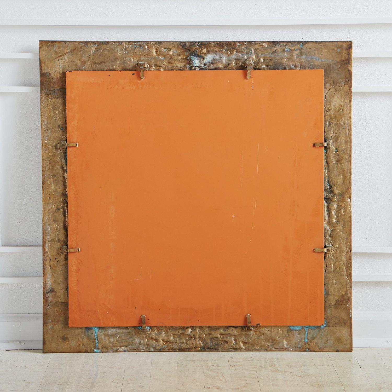 Italian Brutalist Square Brass Frame Mirror Attributed to Luciano Frigerio, Italy 1970s For Sale