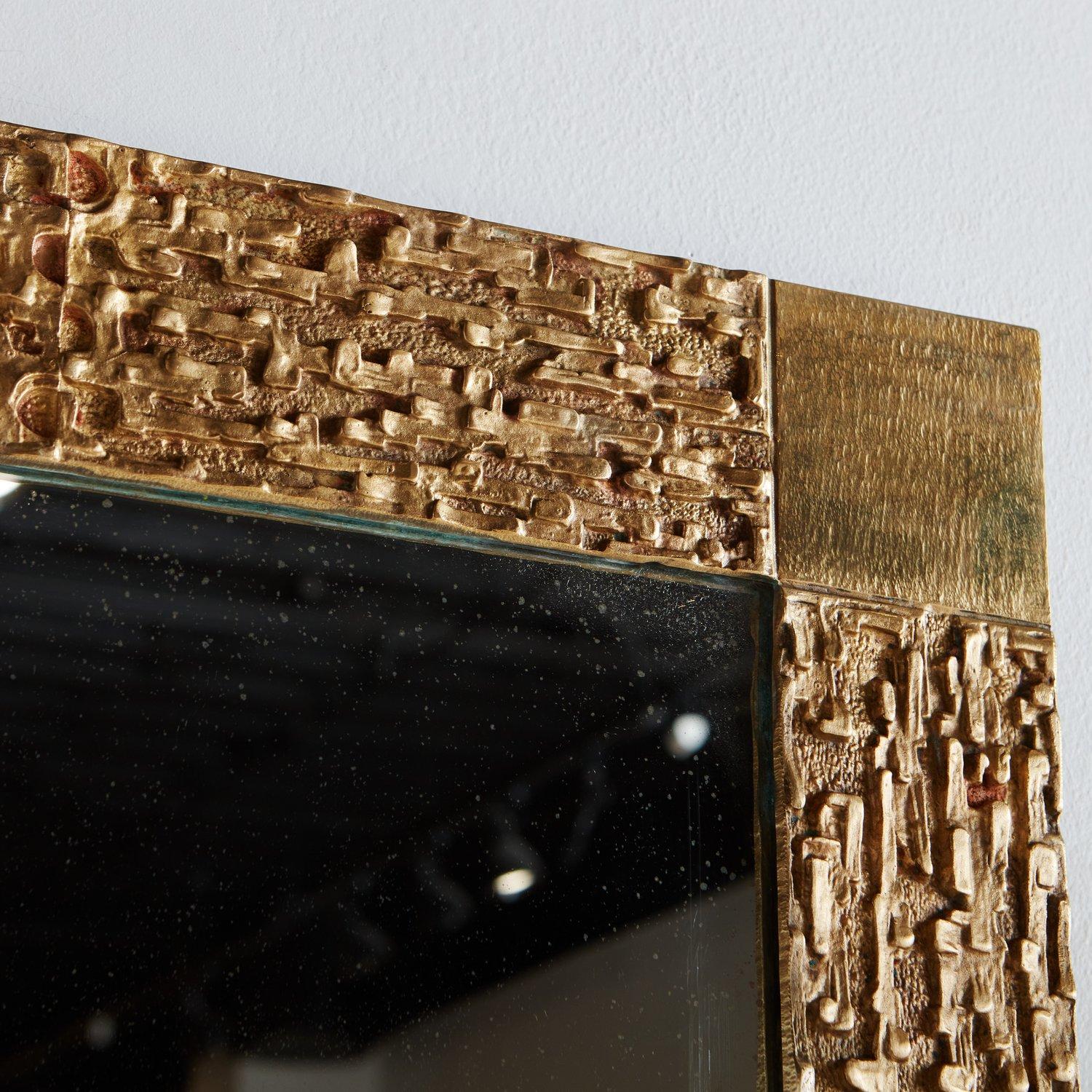 Late 20th Century Brutalist Square Brass Frame Mirror Attributed to Luciano Frigerio, Italy 1970s For Sale