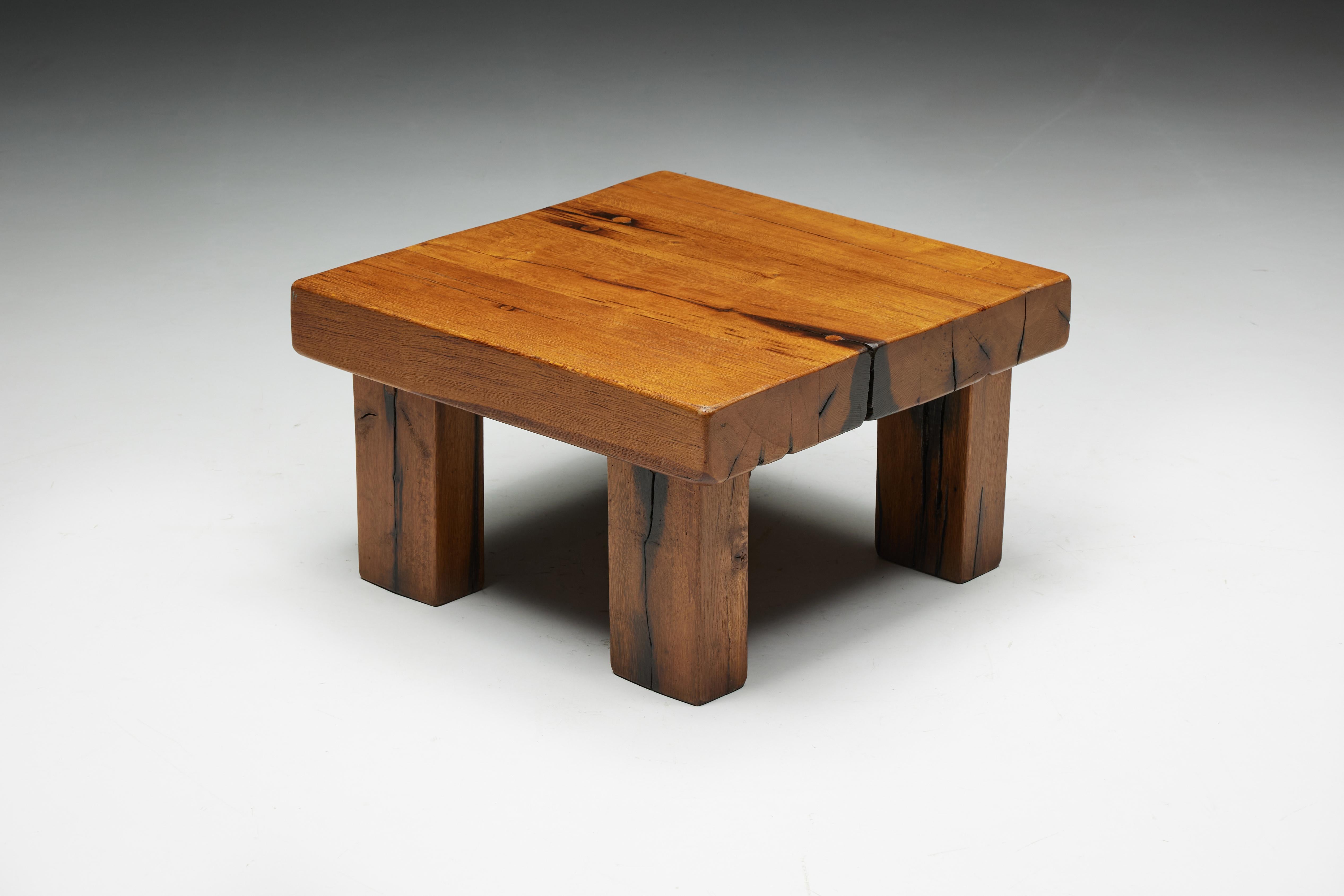 Wood Brutalist Square Coffee Table, France, 1950s For Sale